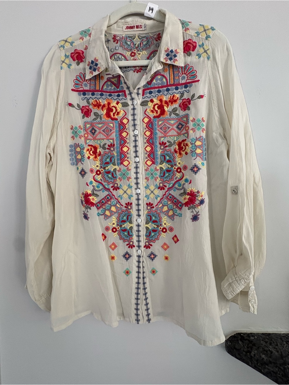Johnny Was Cream Embroidered Button-Front Women's Blouse